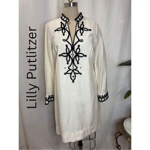 Lilly Pulitzer Ivory Tunic Dress 8 Black Embroidered Boho Mod Shift Classic